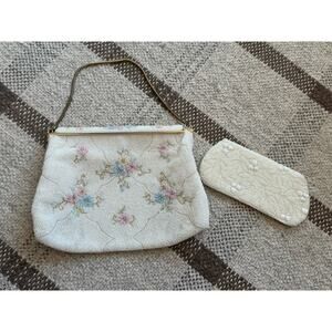 Vintage Denise Francelle 40’s Beaded Floral Small Purse Handbag White Bridal